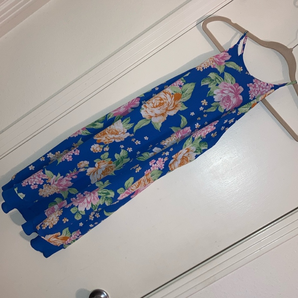 Pink Rose Floral Blue Dress